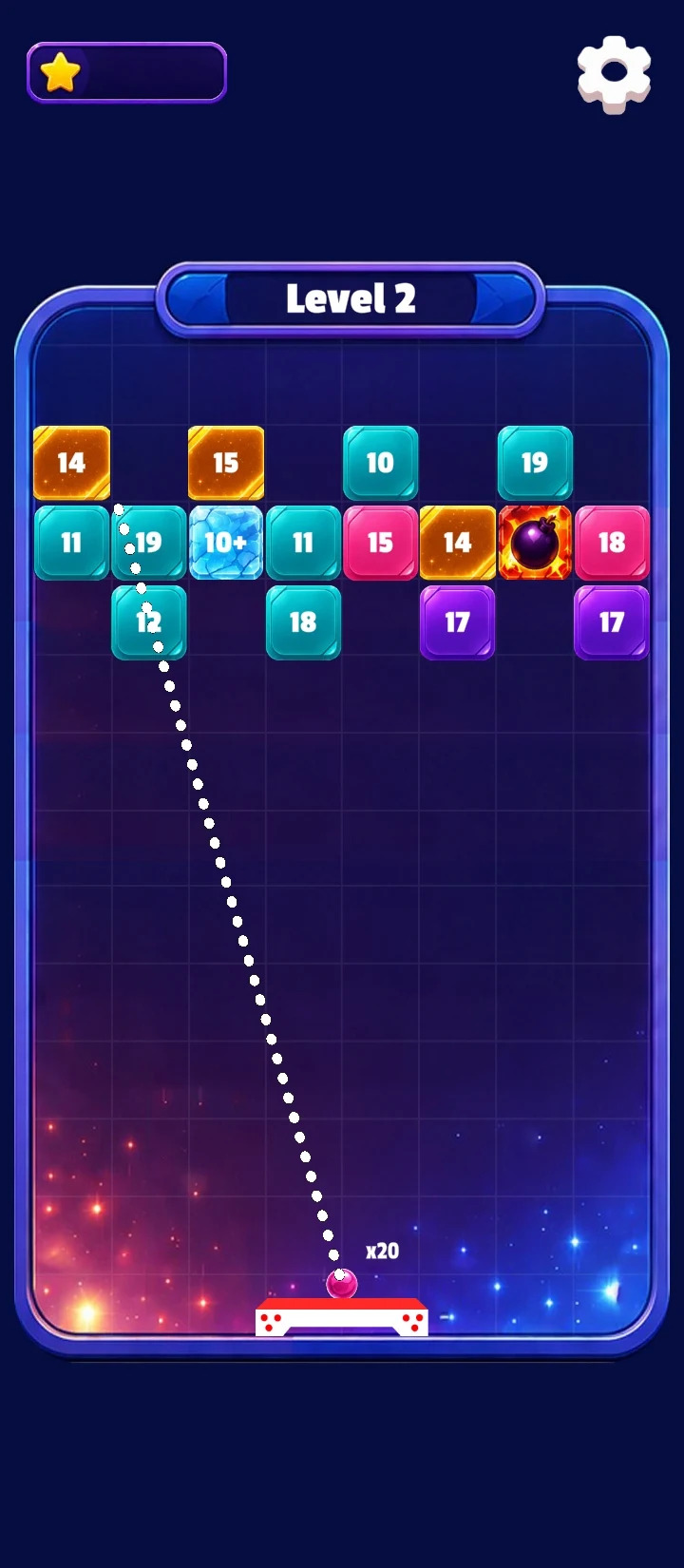 Adventure gameplay on Level 2 with numbered bricks and a dotted aim line