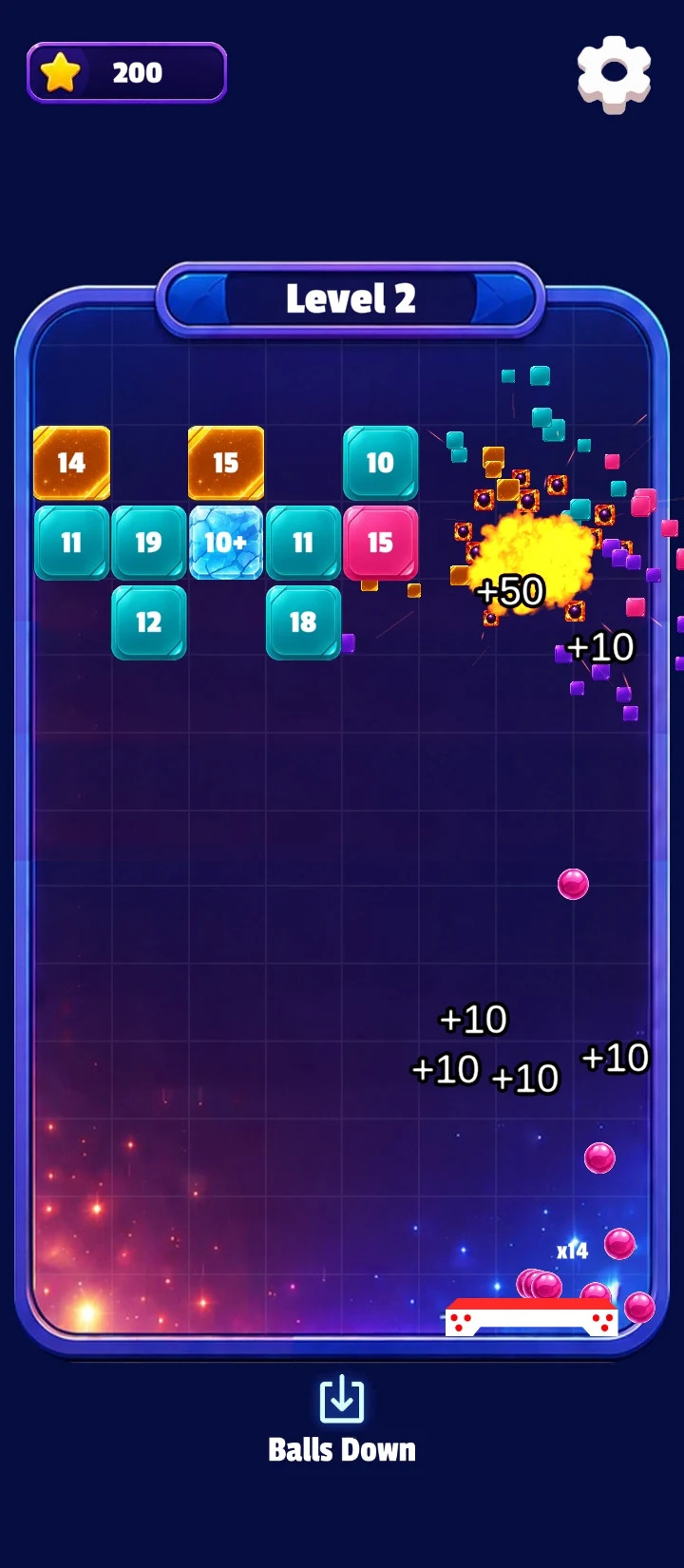 Bricks exploding and score popping as balls smash through the board