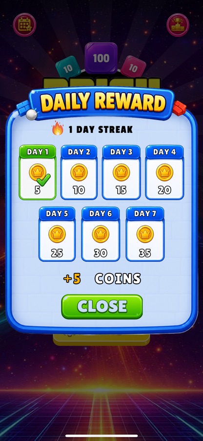 Daily Reward calendar with a seven-day coin streak