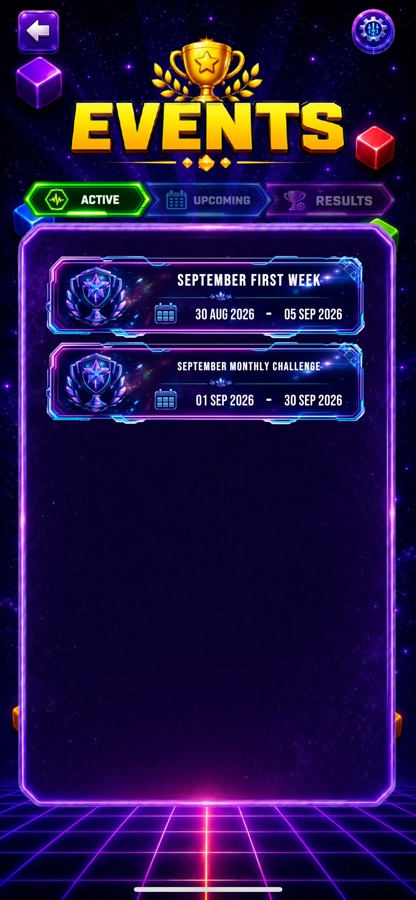 Events screen where you complete challenges to win prizes